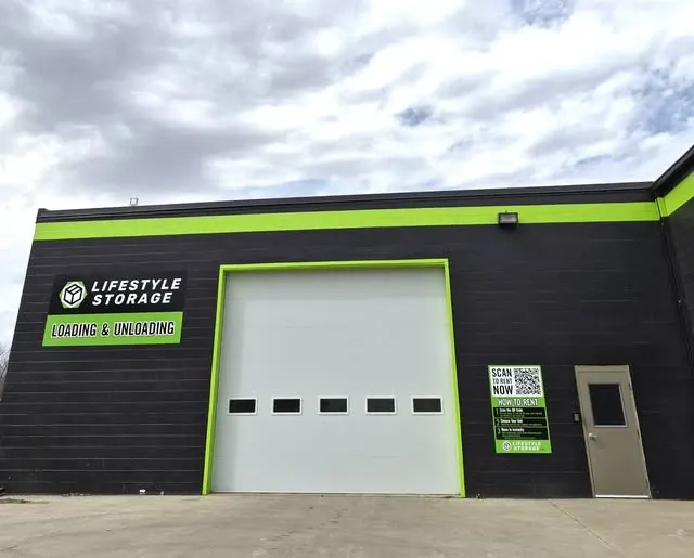 Large garage door entrance for indoor storage units. 